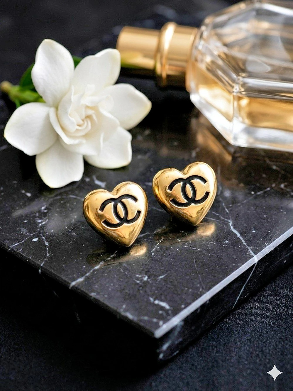 ChaneI Gold-Tone and Black Enamel Logo Heart Earrings